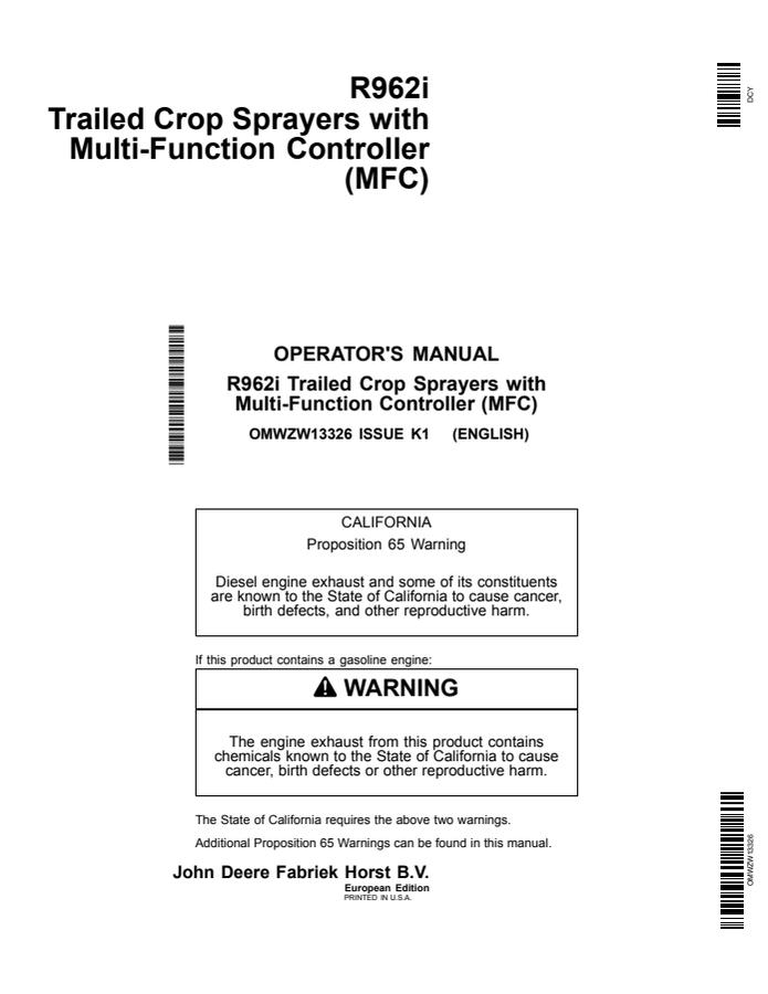 John Deere R962i Trailed crop sprayer Operator Manual OMWZW13326 — actual manual cover