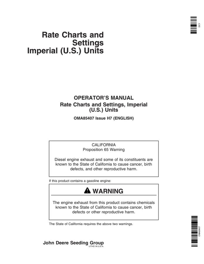 John Deere Rate Charts and Settings, Imperial (U.S.) Units Operator Manual OMA85407 — actual manual cover
