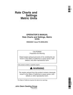 John Deere Rate Charts and Settings, Metric Units Operator Manual OMA84621 — actual manual cover