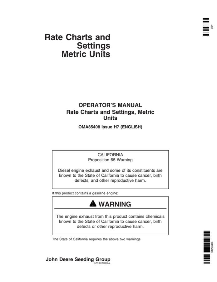 John Deere Rate Charts and Settings, Metric Units Operator Manual OMA85408 — actual manual cover