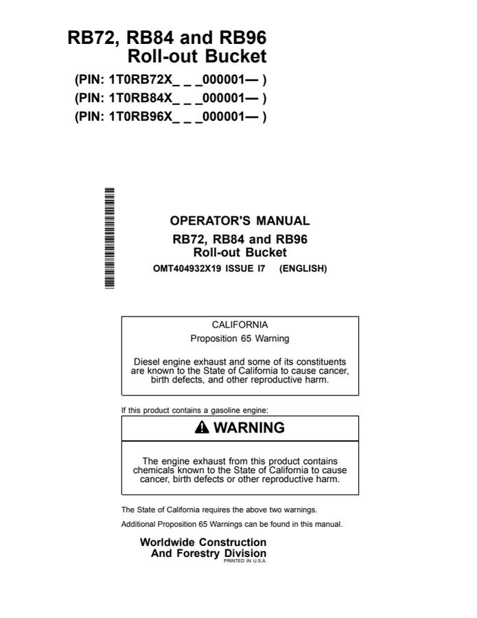 John Deere RB72, RB84, RB96 Roll-out bucket Operator Manual OMT404932X19 — actual manual cover