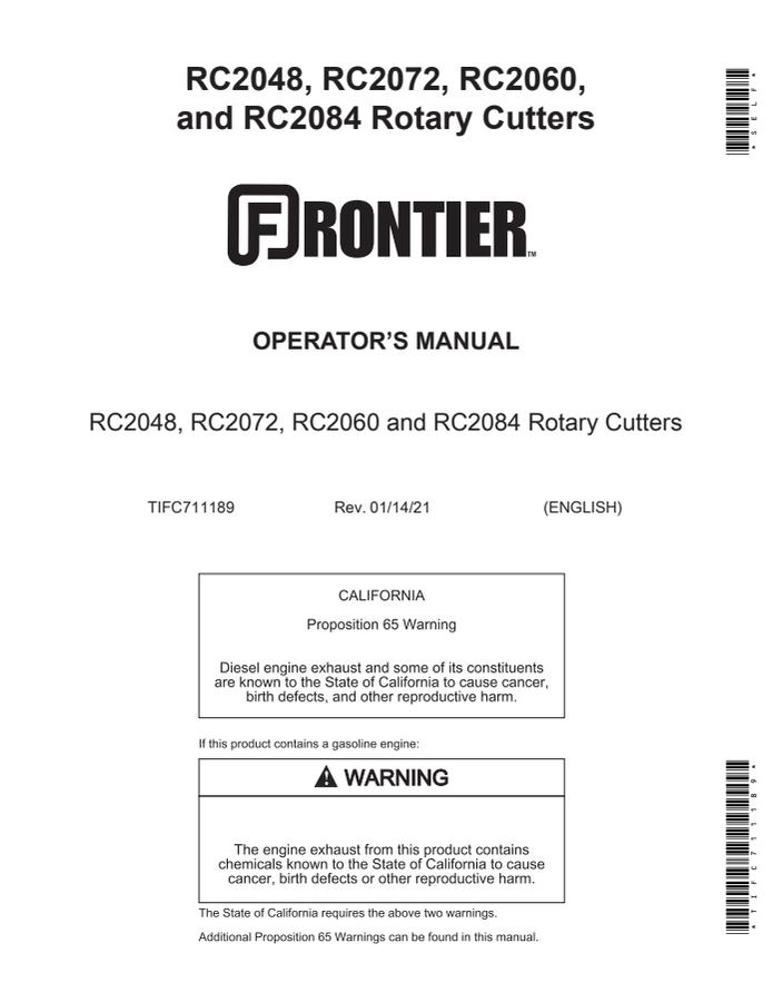 John Deere RC2048; RC2072; RC2060; RC2084 Rotary cutter Operator manual TIFC711189 — actual manual cover