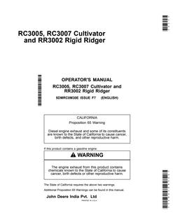 John Deere RC3005, RC3007, RR3002 Cultivator and ridger Operator Manual 5DMRC0M30E — actual manual cover