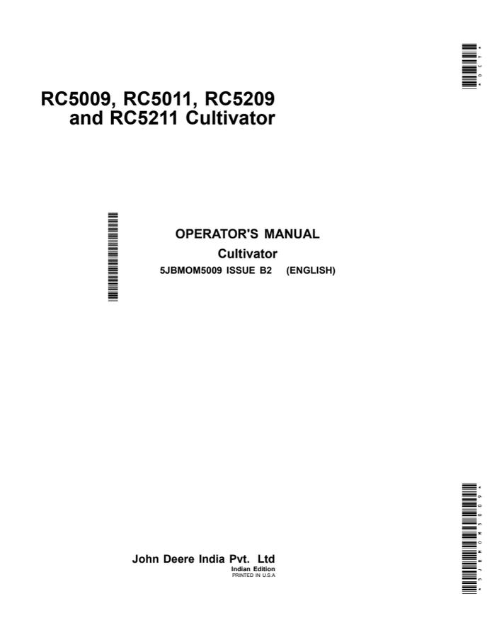 John Deere RC5009, RC5011, RC5209, RC5211 Cultivator Operator Manual 5JBMOM5009 — actual manual cover