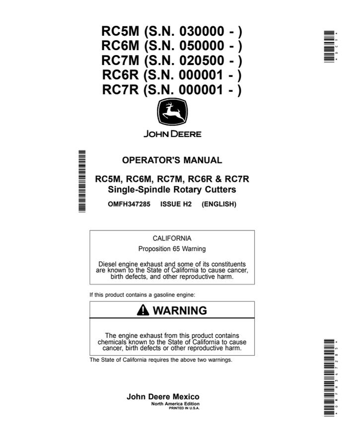John Deere RC5M, RC6M, RC7M, RC6R, RC7R Single-spindle rotary cutter Operator Manual OMFH347285 — actual manual cover