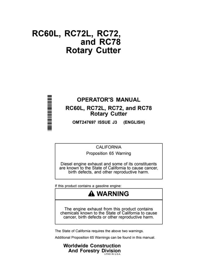 John Deere RC60L, RC72L, RC72, RC78 Rotary cutter Operator Manual OMT247697 — actual manual cover