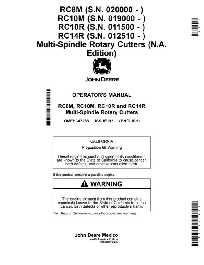 John Deere RC8M, RC10M, RC10R, RC14R Multi-spindle rotary cutter Operator Manual OMFH347288 — actual manual cover