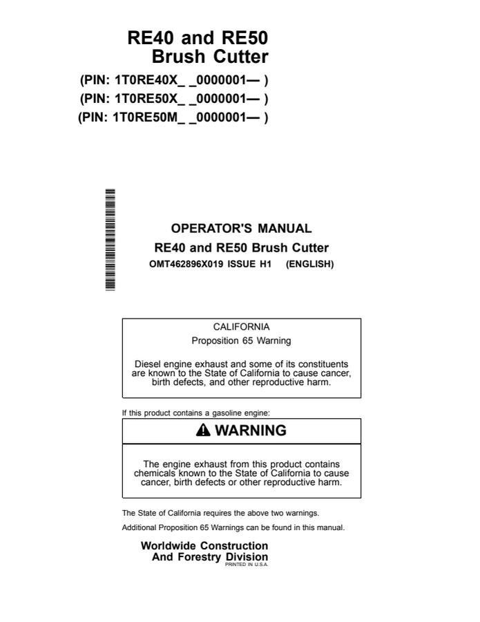 John Deere RE40, RE50 Brush cutter Operator Manual OMT462896X01 — actual manual cover