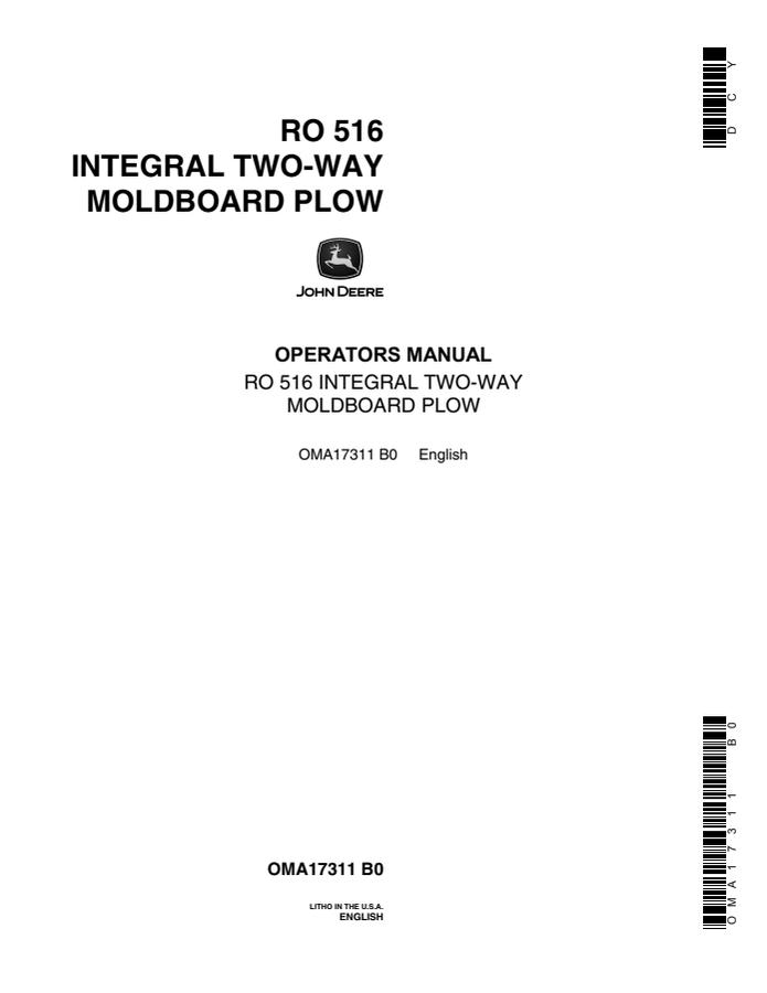 John Deere RO 516 Integral two-way moldboard plow Operator's manual OMA17311 — actual manual cover