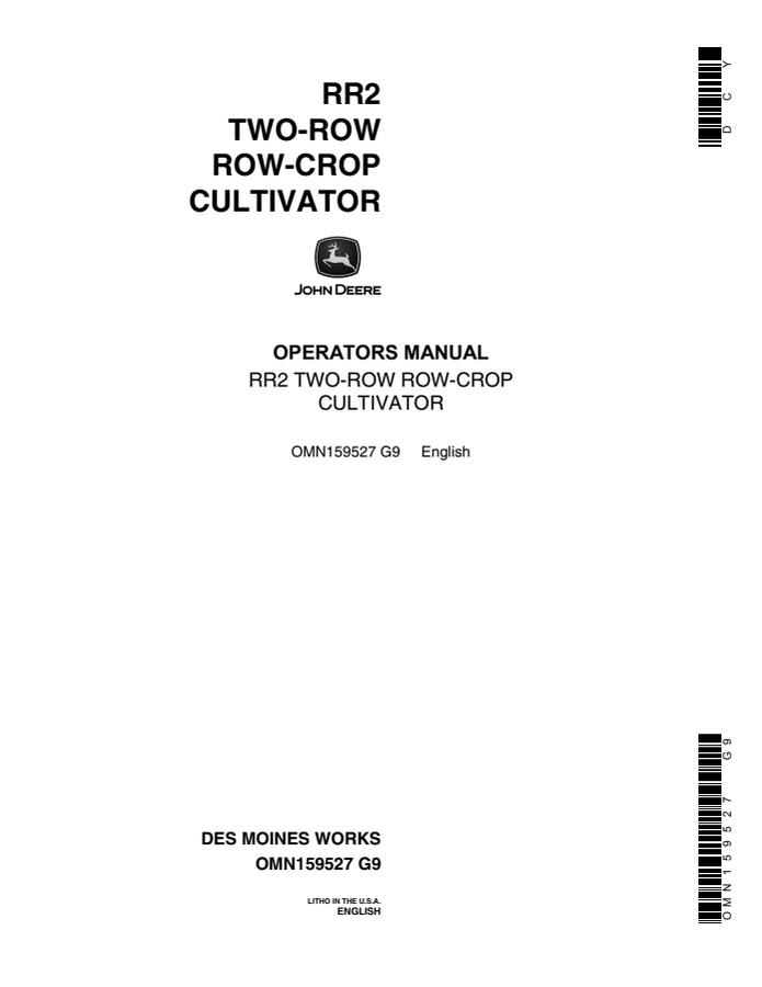 John Deere RR2 Row-crop cultivator Operator Manual OMN159527 — actual manual cover