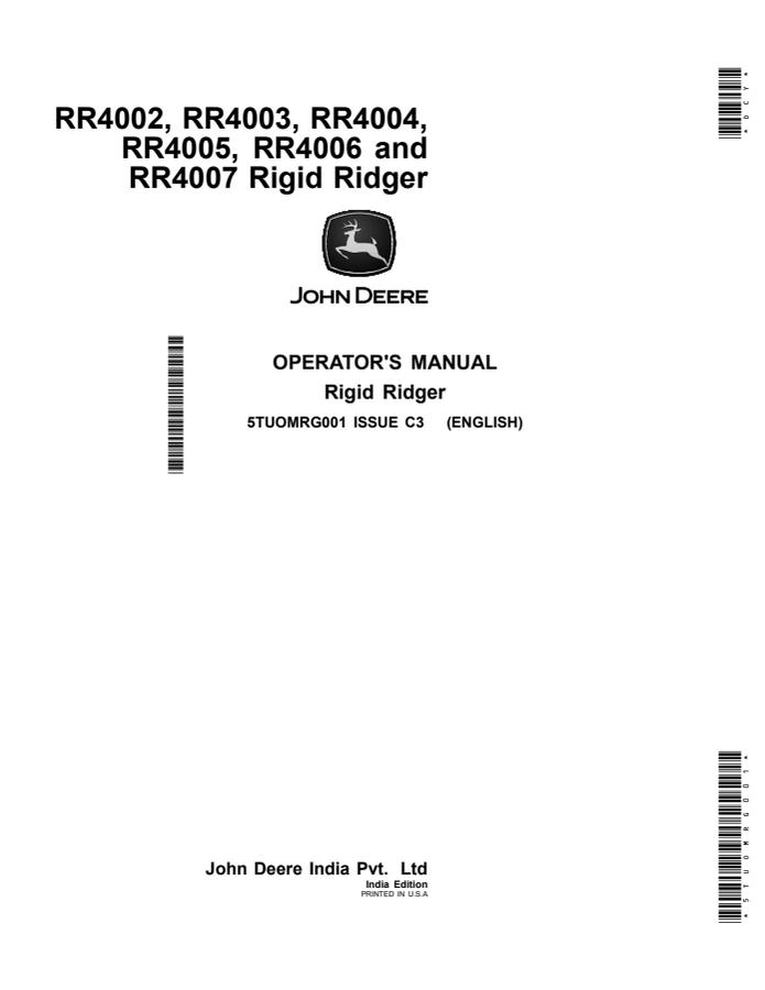 John Deere RR4002, RR4003, RR4004, RR4005, RR4006, RR4007 Ridger Operator Manual 5TUOMRG001 — actual manual cover
