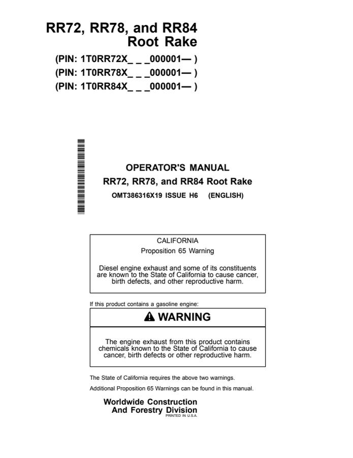 John Deere RR72, RR78, RR84 Root rake Operator Manual OMT386316X19 — actual manual cover