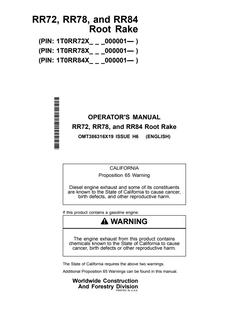 John Deere RR72, RR78, RR84 Root rake Operator Manual OMT386316X19 — actual manual cover