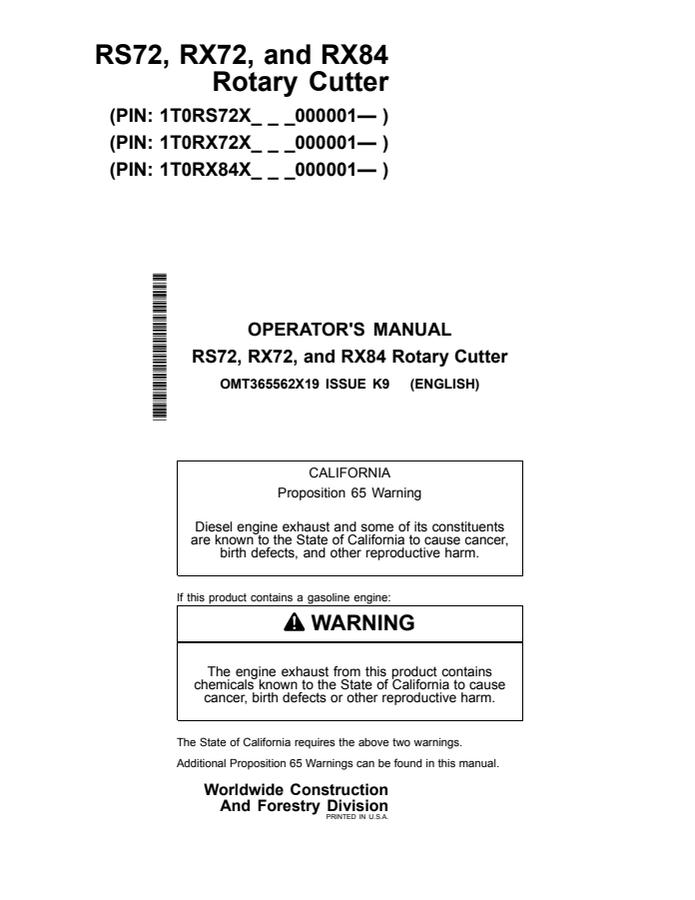 John Deere RS72, RX72, RX84 Rotary cutter Operator Manual OMT365562X19 — actual manual cover