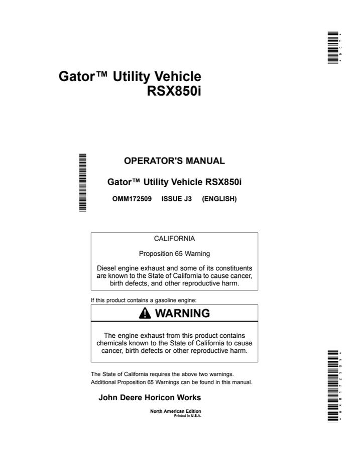 John Deere RSX850i Gator Utility vehicle Operator Manual OMM172509 — actual manual cover