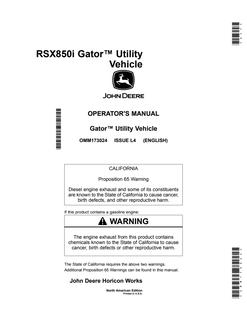 John Deere RSX850i Gator Utility vehicle Operator Manual OMM173024 — actual manual cover