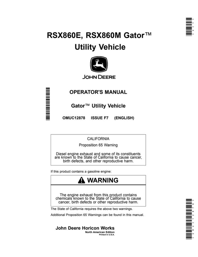 John Deere RSX860E, RSX860M Gator Utility vehicle Operator Manual OMUC12878 — actual manual cover