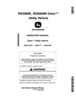 John Deere RSX860E, RSX860M Gator Utility vehicle Operator Manual OMUC12878 — actual manual cover