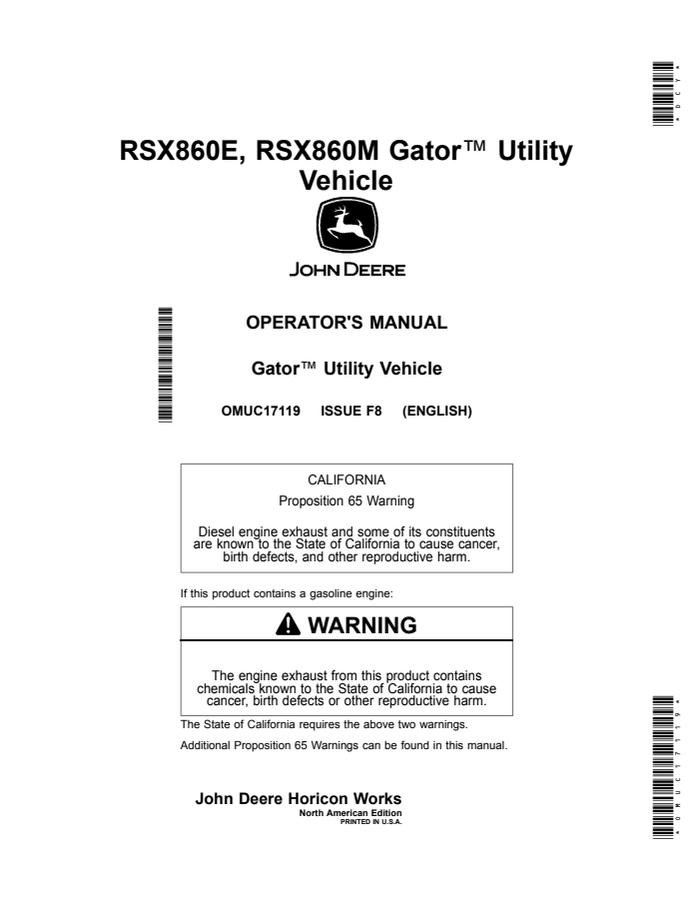 John Deere RSX860E, RSX860M Gator Utility vehicle Operator Manual OMUC17119 — actual manual cover