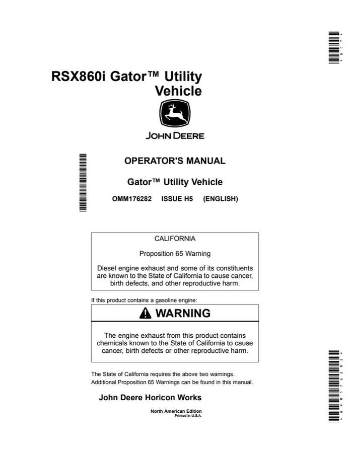 John Deere RSX860i Gator Utility vehicle Operator Manual OMM176282 — actual manual cover