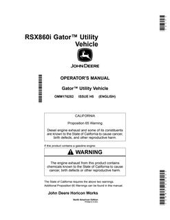 John Deere RSX860i Gator Utility vehicle Operator Manual OMM176282 — actual manual cover