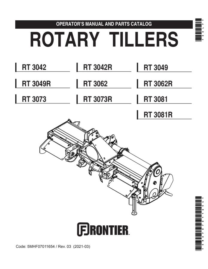 John Deere RT 3042; RT 3049R; RT 3073; RT 3062; RT 3073R; RT 3081; RT 3081R; RT 3062R; RT 3042R; RT 3049 Rotary tiller Operator manual 5MHF07011654 — actual manual cover