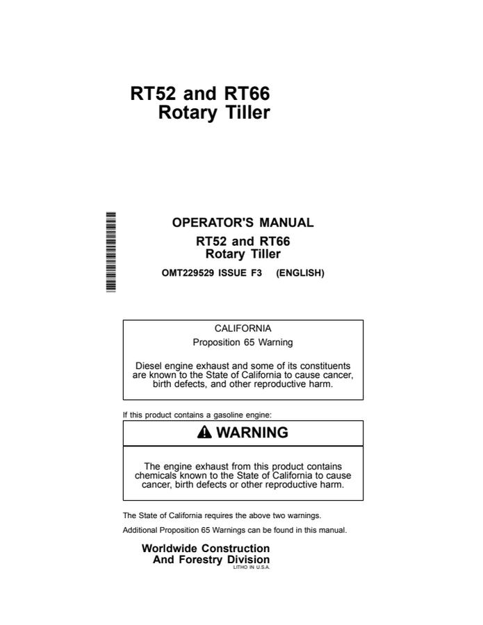 John Deere RT52, RT66 Rotary tiller Operator Manual OMT229529 — actual manual cover