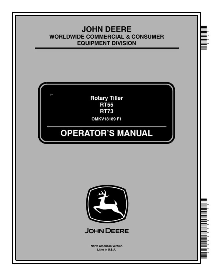 John Deere RT55, RT73 Rotary tiller Operator Manual OMKV18189 — actual manual cover