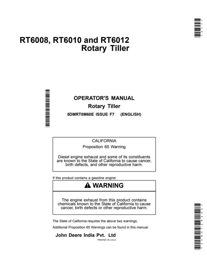 John Deere RT6008, RT6010, RT6012 Rotary tiller Operator Manual 5DMRT0M60E — actual manual cover