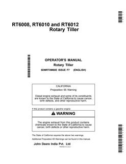 John Deere RT6008, RT6010, RT6012 Rotary tiller Operator Manual 5DMRT0M60E — actual manual cover