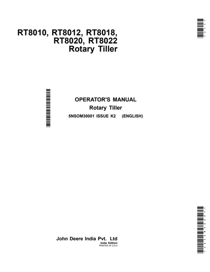 John Deere RT8010, RT8012, RT8018, RT8020, RT8022 Rotary tiller Operator manual 5NSOM30001 — actual manual cover