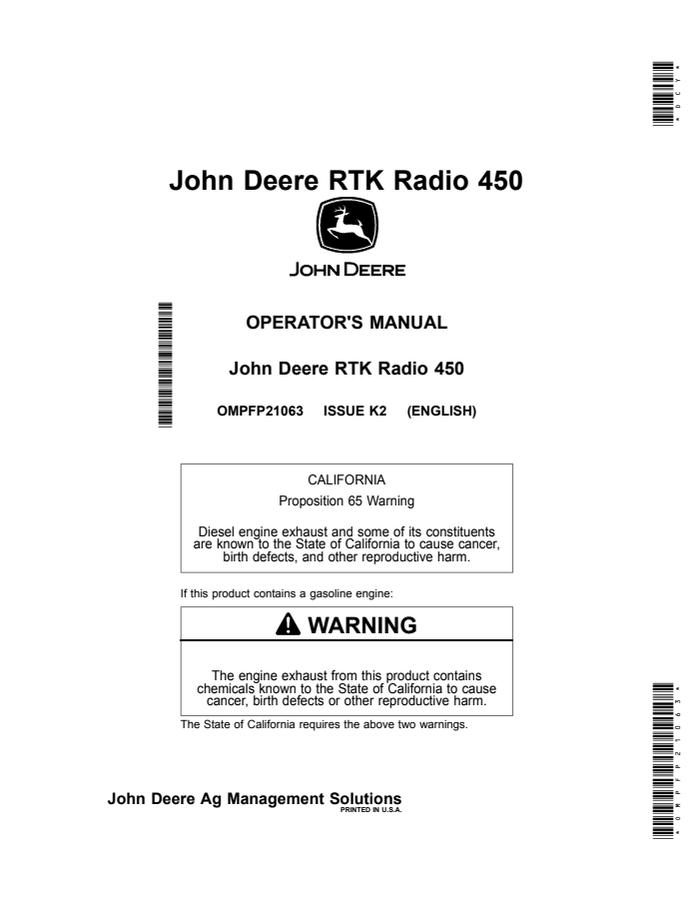 John Deere RTK Radio 450 RTK radio Operator Manual OMPFP21063 — actual manual cover