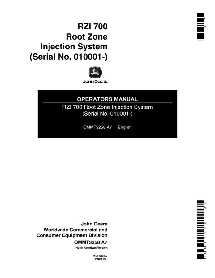 John Deere RZI 700 Root-zone injection system Operator Manual OMMT3258 — actual manual cover