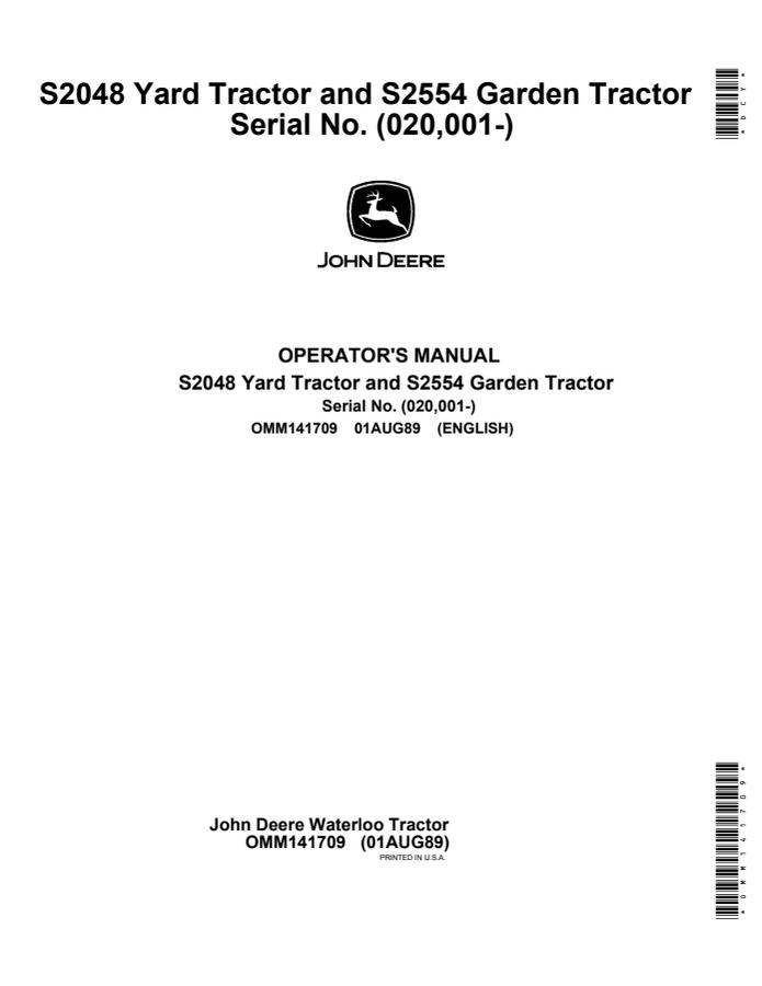 John Deere S2048, S2554 Yard and garden tractor Operator Manual OMM141709 — actual manual cover
