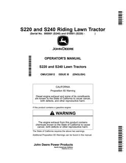 John Deere S220, S240 Lawn tractor Operator Manual OMUC28812 — actual manual cover