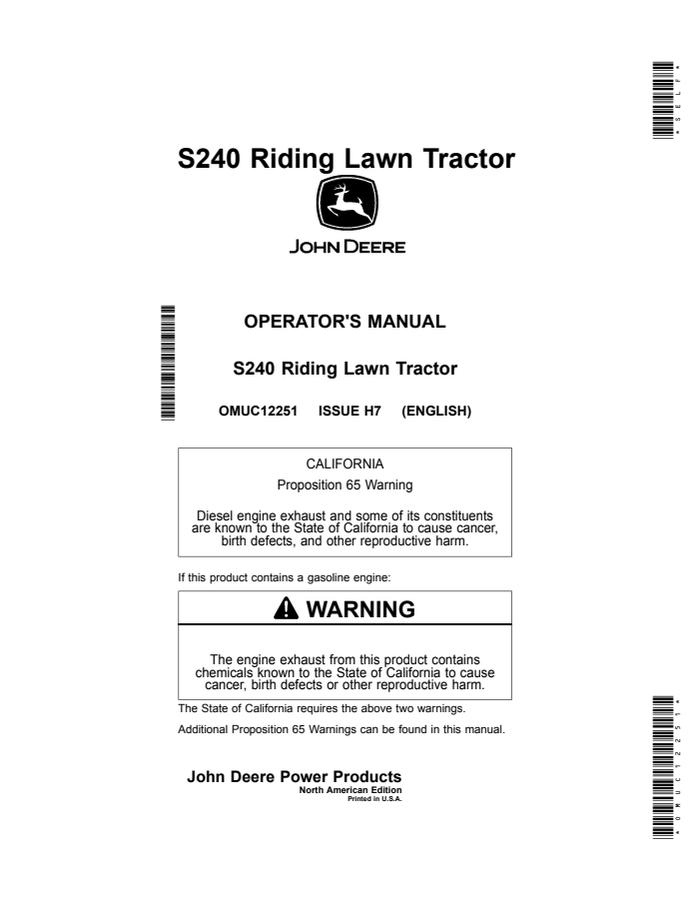 John Deere S240 Riding lawn tractor Operator Manual OMUC12251 — actual manual cover