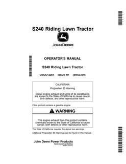 John Deere S240 Riding lawn tractor Operator Manual OMUC12251 — actual manual cover