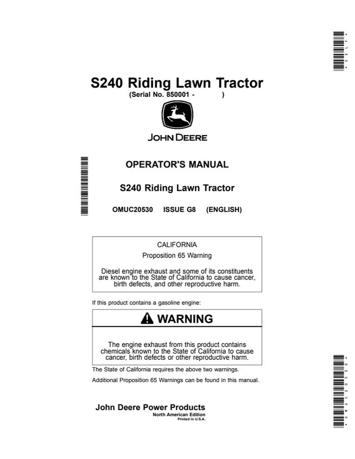 John Deere S240 Riding lawn tractor Operator Manual OMUC20530 — actual manual cover