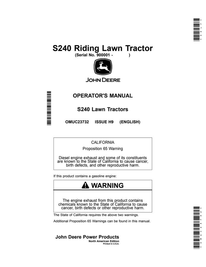 John Deere S240 Riding lawn tractor Operator Manual OMUC23732 — actual manual cover