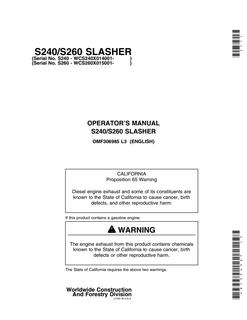 John Deere S240, S260 Slasher Operator Manual OMF306985 — actual manual cover