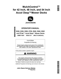 John Deere S240, X300, X500, X700, X940, X948, X949, ZTrak Mower deck mulching system Operator Manual OMM174507 — actual manual cover