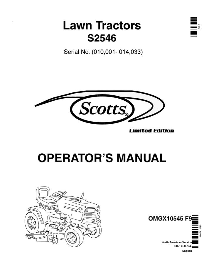 John Deere S2546 Lawn tractor Operator Manual OMGX10545 — actual manual cover