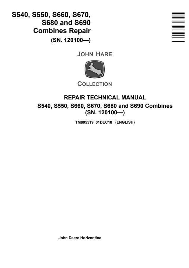 John Deere S540, S550, S660, S670, S680, S690 Combine Repair Technical Manual TM805519 — actual manual cover