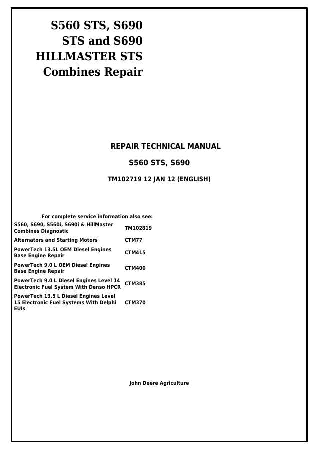 John Deere S560 STS, S690 STS, S690 HILLMASTER STS Combine Repair Technical Manual TM102719 — actual manual cover