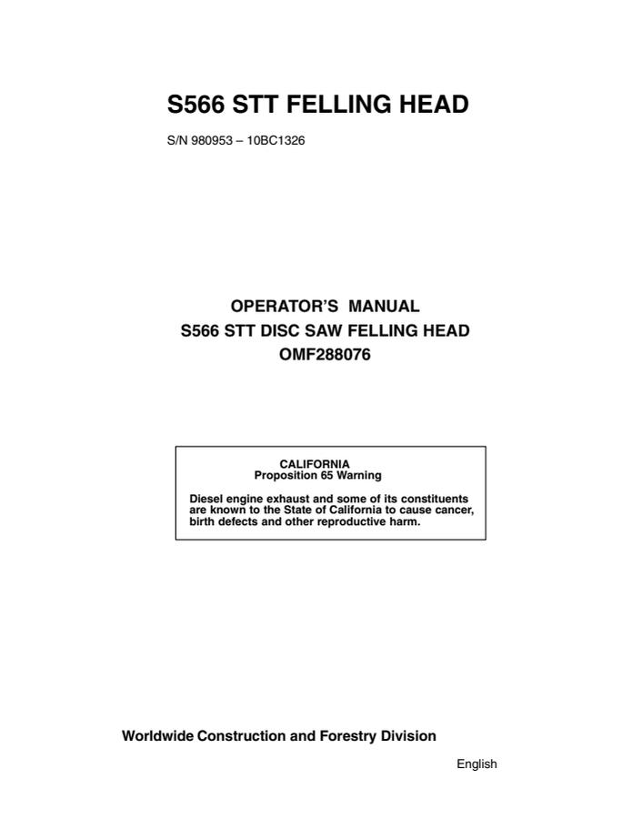 John Deere S566 STT Felling Head Operator Manual OMF288076 — actual manual cover