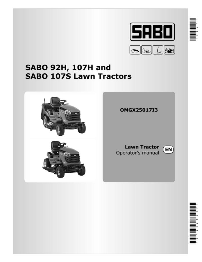 John Deere SABO 92H, 107H, 107S Lawn tractor Operator Manual OMGX25017 — actual manual cover