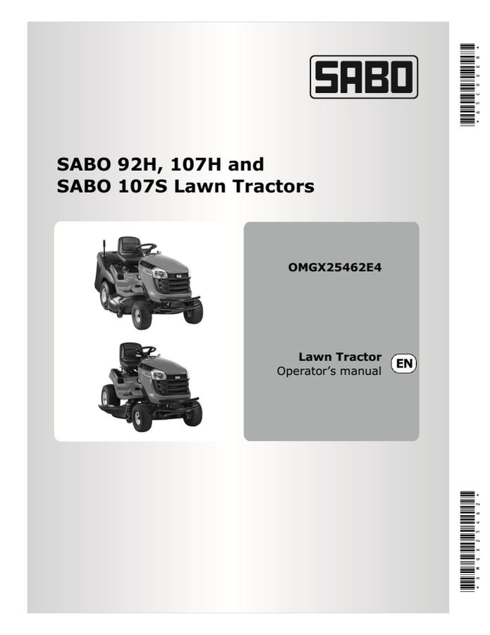 John Deere SABO 92H, 107H, 107S Lawn tractor Operator Manual OMGX25462 — actual manual cover