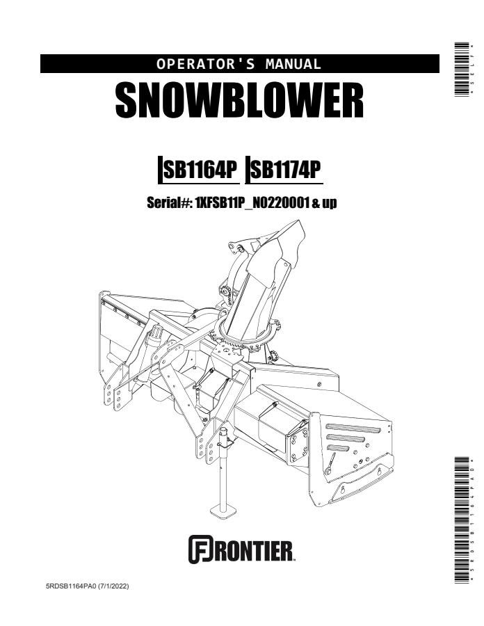 John Deere SB1164P; SB1174P Snowblower Operator manual 5RDSB1164PA0 — actual manual cover