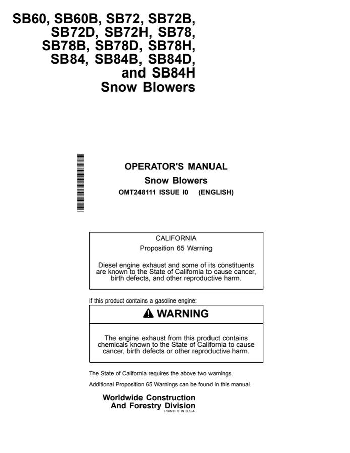 John Deere SB60, SB60B, SB72, SB72B, SB72D, SB72H, SB78, SB78B, SB78D, SB78H, SB84, SB84B, SB84D, SB84H Snow blower attachment Operator Manual OMT248111 — actual manual cover