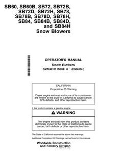 John Deere SB60, SB60B, SB72, SB72B, SB72D, SB72H, SB78, SB78B, SB78D, SB78H, SB84, SB84B, SB84D, SB84H Snow blower attachment Operator Manual OMT248111 — actual manual cover